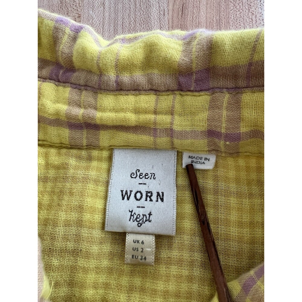 Anthropologie Button Down Shirt 100% Cotton Gauze Soft Plaid Yellow Size 6 - Picture 5 of 7